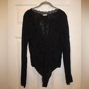 Free People Size L Lace, Low-Cut Black Bodysuit